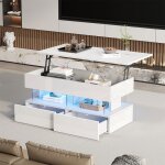 Table basse relevable - �clairage led - table basse brillante avec 2 tiroirs - 120 x 50 x 46 cm - mdf ...