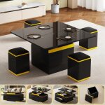 Table basse relevable extensible avec pouf encastrable table de salon noir laque brillant moderne 4 en ...
