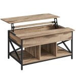 Table basse relevable - helloshop26 - marron ch�ne - acier noir - design industriel - rangement pratique ...
