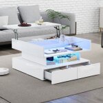Table basse relevable - kodise - kodise - blanc brillant - �clairage led (appli) - rangement 3 niveaux ...