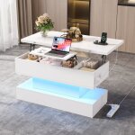 Table basse relevable led 100x50x51. 5 cm table de salon multifonctionnelle avec prise ports usb et espace ...