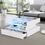 Table basse relevable - lemonbest - 80x80x45 cm - led contr�lable par appli - 2 tiroirs - finition brillante ...
