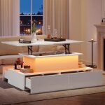 Table basse relevable led 90 x 55 x 41cm table de salon moderne avec 4 grand tiroirs rangement cach ...