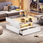 Table basse relevable led blanche 80x80 cm avec 2 tiroirs plateau en verre tremp� et rangement cach� ...