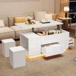Table basse relevable avec led table basse haute brillance avec 2 tiroirs et 2 tabouretstable dappoint ...