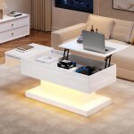 Table basse relevable led table de salon moderne laqu�e blanche avec rangement syst�me hydraulique et ...