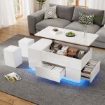 Table basse relevable - novlys - 100cm - avec 2 tabourets de rangement & led - ensemble de salon complet ...