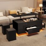 Table basse relevable o. ye avec clairage led table basse brillante avec 2 tiroirs et 2 tabourets table ...