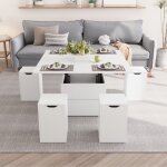 Table basse relevable - vowner - multifonctionnelle 4 en 1 - avec con 4 tabourets e rangement cach - ...