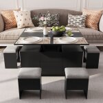 Table basse relevable - vowner - table de salon multifonctionnelle 4 en 1 - avec con 4 tabourets e rangement ...