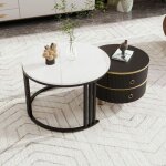 Table basse ronde 2 en 1 en mdf table dappoint avec plateau brillant et 1 plateau en marbre blanc pour ...