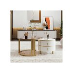 Table basse ronde 2 en 1 en mdf avec 1 plateau blanc et 1 plateau en verre tremp� marron avec 2 tiroirs ...