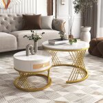 Table basse ronde 2 en 1 mdf plateau en marbre tiroirs en rotin plastique poignes en bois massif pieds ...