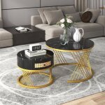 Table basse ronde 2 en 1 mdf plateau en marbre tiroirs en rotin plastique poignes en bois massif pieds ...