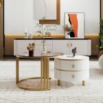 Table basse ronde 2 en 1 avec 2 tiroirs table basse de salon avec 1 plateau blanc et 1 plateau en verre ...