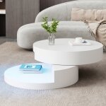 Table basse ronde 70x70x355 cm led 16 couleurs plateau pivotant 360� 2 �tages mdf blanc charge 30kg