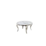 Table basse ronde baroque chrome et plateau en verre de 80 cm - marbré blanc Table basse ronde baroque chrome et plateau en verre de 80 cm - marbré blanc
