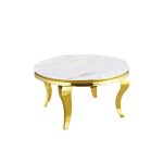 Table basse ronde baroque gold et plateau en verre marbre blanc de 80 cm