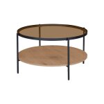 Table basse ronde double plateau verre d�cor bois et m�tal smooky