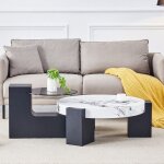 Table basse ronde moderne � deux niveaux plateau en verre gris transparent et mdf noir en forme de l ...