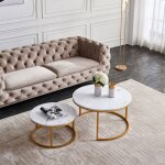 Table basse ronde panneau en bois marbr style scandinave pieds mtal lot de 2 table basse rangement ...