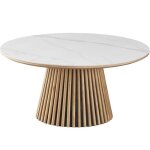 Table basse ronde plateau en c�ramique effet marbre et bois clair �80 cm - ada