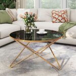 Table basse ronde - plateau noir imitation marbre (80 cm de diam�tre) - pieds dor�s - design moderne ...