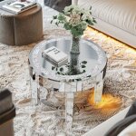 Table basse ronde - unho - 60x60x50cm - mdf + verre - argent - design contemporain