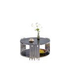 Table basse ronde stick chrome et plateau en verre marbre noir d90 h45 cm