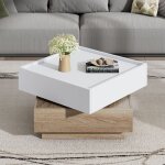 Table basse rotative 360° 60x60cm - plateau 2 niveaux et rangement intégré - cadre noyer pour salon Épuré ... Table basse rotative 360° 60x60cm - plateau 2 niveaux et rangement intégré - cadre noyer pour salon Épuré ...