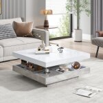 Table basse rotative 70�70�36 cm - redom - avec plateau en verre laqu� et base en bois marbr� - en panneau ...