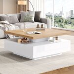 Table basse rotative multifonction avec plateau pivotant 360� tiroirs int�gr�s panneau de particules ...