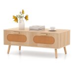 Costway table basse - cannage 2 tiroirs compartiment arrière pieds en bois massif style campagne naturel ... Costway table basse - cannage 2 tiroirs compartiment arrière pieds en bois massif style campagne naturel ...