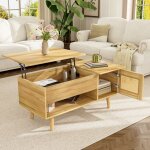 Table basse salon 2 portes en rotin plateau relevable et compartiment rangement meuble de salon 103x50x60cm ...