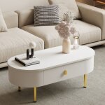 Table basse salon avec 2 tiroirs rangement moderne meuble pieds dors 108x50x40cm blanc