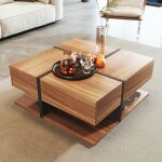 Table basse - langtu - 78 x 78 x 36 cm - 4 tiroirs - noir et bois - carr�e
