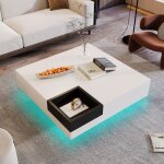Table basse - tanant - table basse carr�e avec led - blanc et noir - 72x72x30 cm - rangement amovible ...