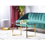 Table basse - table salon - table dappoint ovale avec plateau en verre et cadre en m�tal dor� au style ...