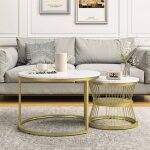 Lot de 2 tables basses rondes style scandinave plateau effet marbre blanc & pieds m�tal dor� - d70 / ...