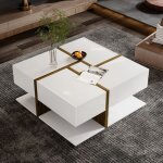 Table basse - table de salon avec espace de rangement lignes simples et modernes plateau laqu� blanc ...