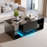 Table basse scandinave noire 100x50x35 cm - verre tremp� led r�glable 1 tiroir & rangement