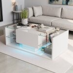 Table basse blanche 100x50x35 cm - verre tremp� tiroir & led int�gr�es style scandinave