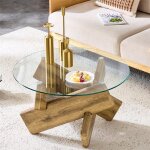 Table basse salon moderne ronde en verre tremp� table basse transparente avec pieds en bois noyer clair ...