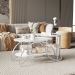 Table basse salon ovale et ronde gigogne mat�riau en marbre blanc pied m�tallique argent 80x46cm design ...