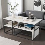 Table basse salon - avec plateau blanc et pieds noirs - table basse gigogne - table basse marbre - carr� ...