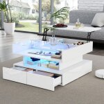 Table basse salon relevable 80x80x45 cm avec �clairage led et 2 tiroirstable de salon avec verre tremp� ...