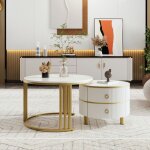 Table basse salon ronde - aspect marbre - table basse rangement avec 2 tiroirs pour petits espaces 70x70x46 ...