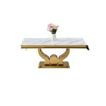 Table basse trofy rectangle plateau verre tremp� marbr� noir pied central m�tal gold 120x70x45cm