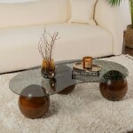 Table basse verre fum� design ? 3 pieds boules marrons kochi