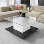 Table basse en verre salon avec led style moderne carr� 80x80x40cm noir blanc